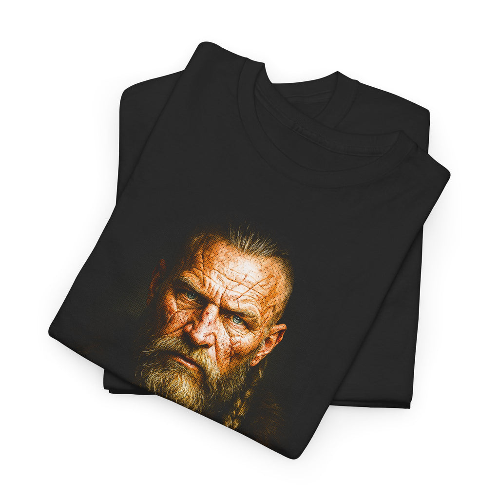 Black t-shirt with a graphic of an old man's face on a white background