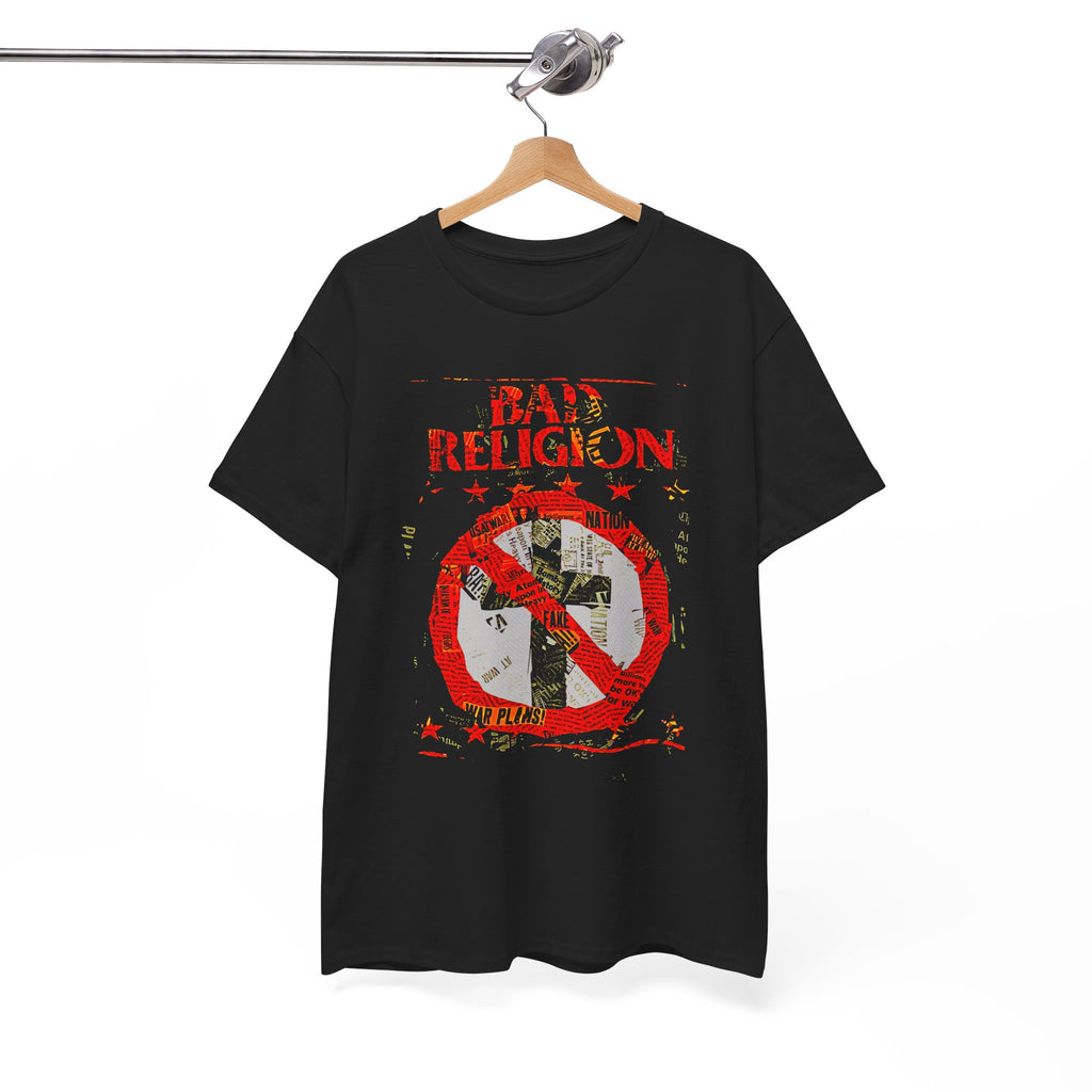 Black t-shirt with 'Bad Religion' graphic design on a hanger against a white background