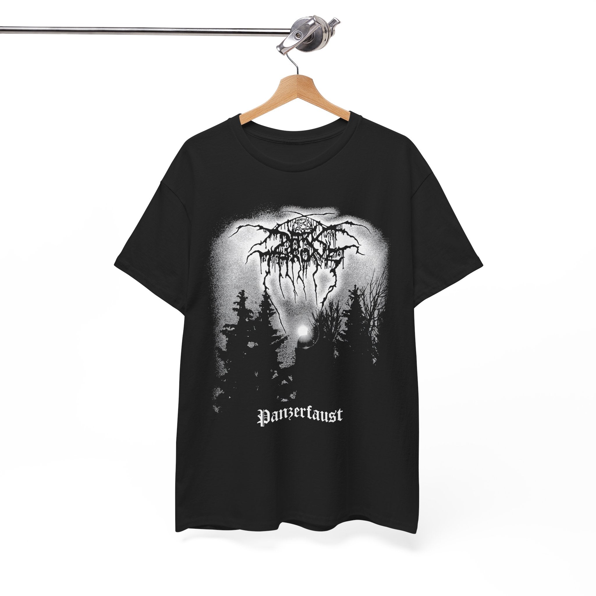 Black t-shirt with graphic design and 'Panzerfaust' text on a hanger against a white background