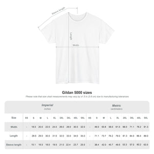 White t-shirt with measurement chart for Gildan 5000 sizes on a white background