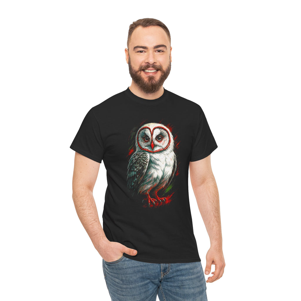 Man wearing a black t-shirt with an owl design on a white background