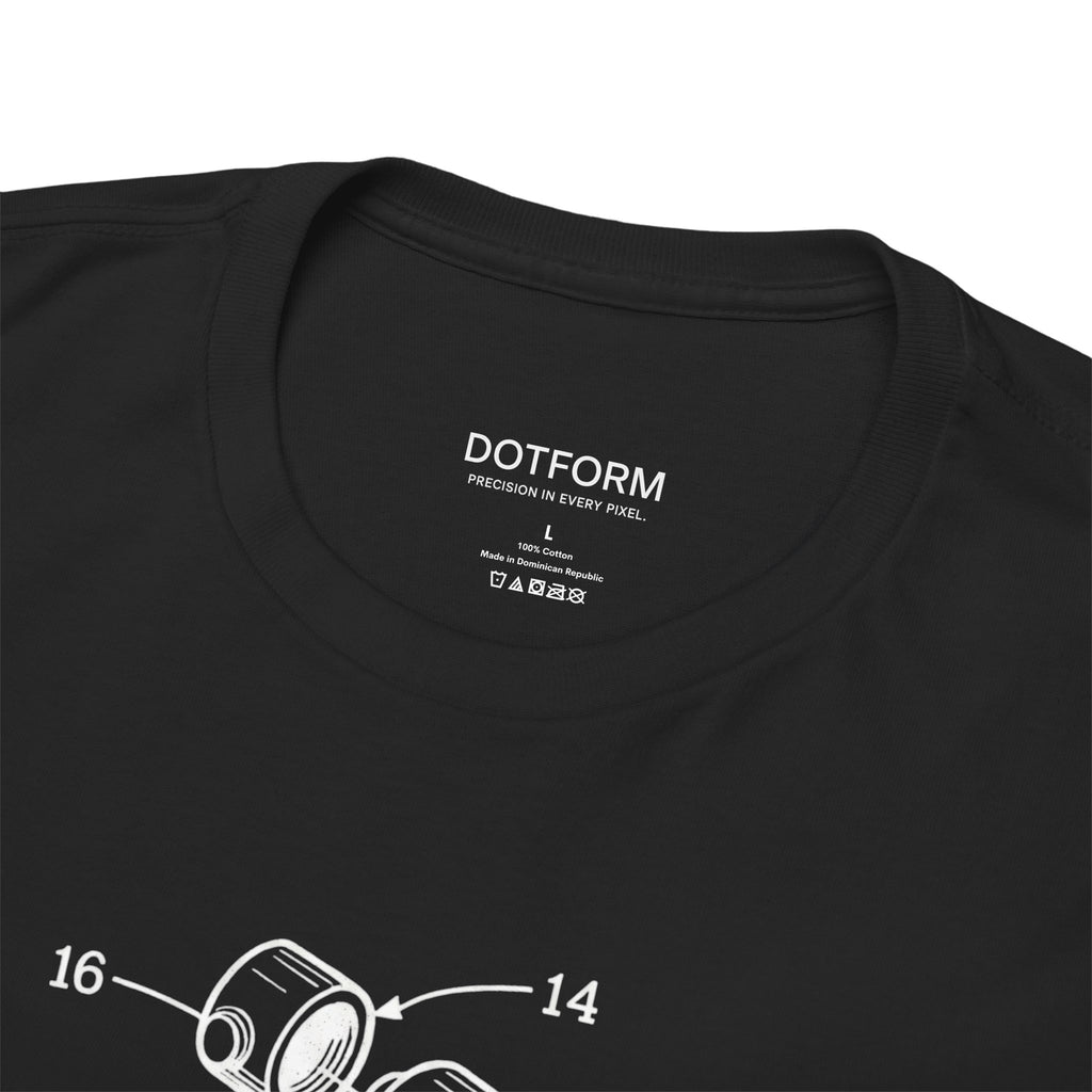 Black t-shirt with 'DOTFORM' branding and design on a white background