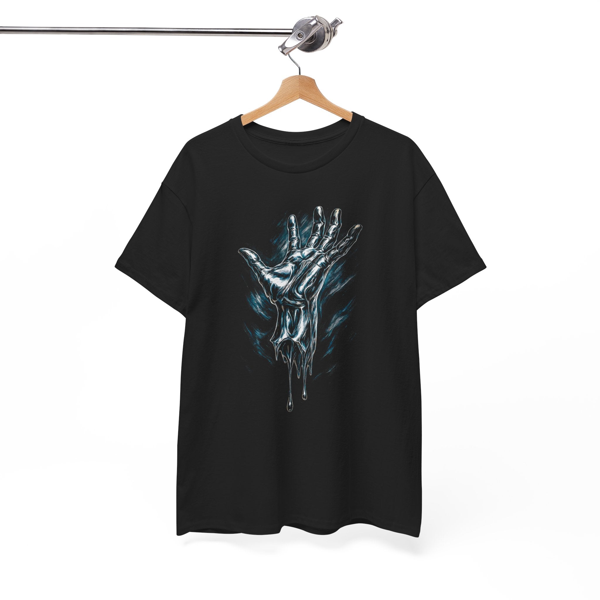Black t-shirt with a graphic design of a hand holding a skull on a hanger against a white background