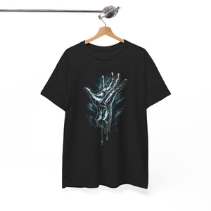 Black t-shirt with a graphic design of a hand holding a skull on a hanger against a white background