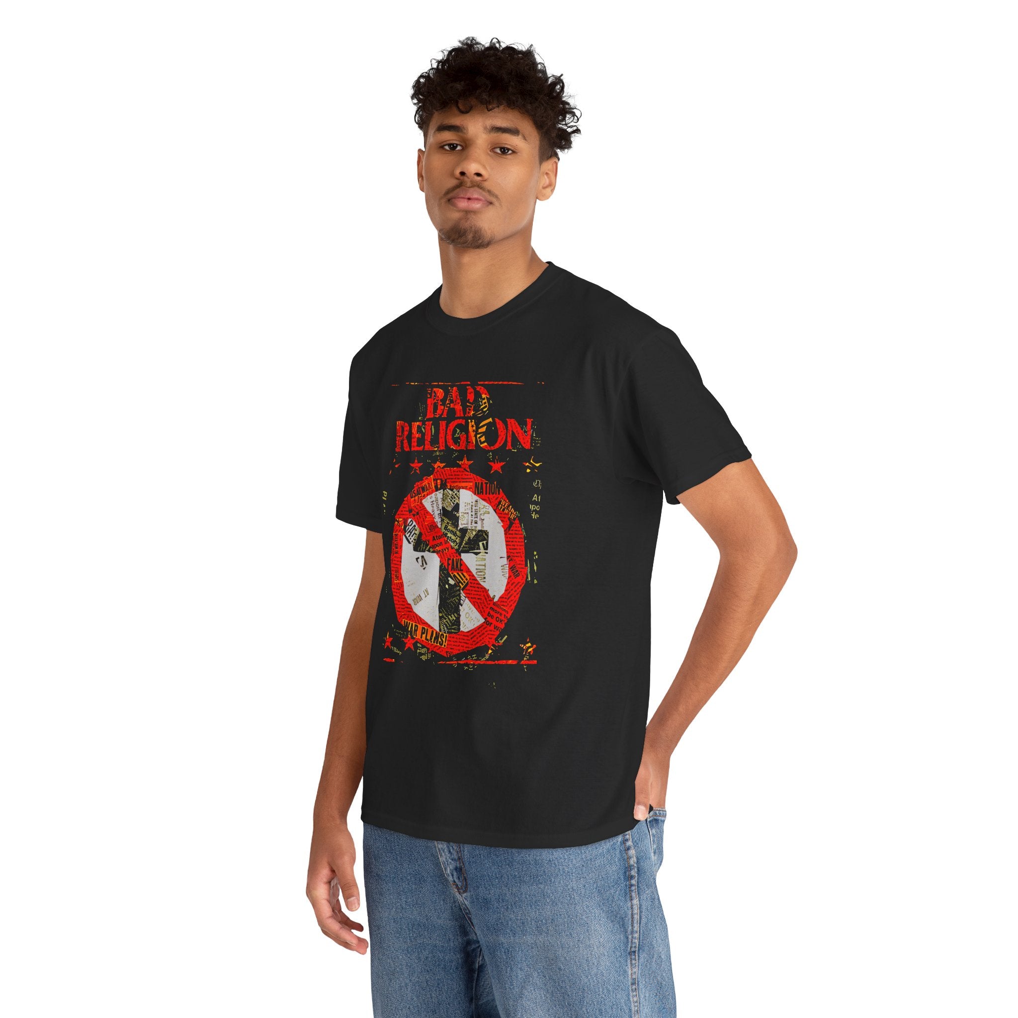 Person wearing a black t-shirt with 'Bad Religion' graphic design on a white background