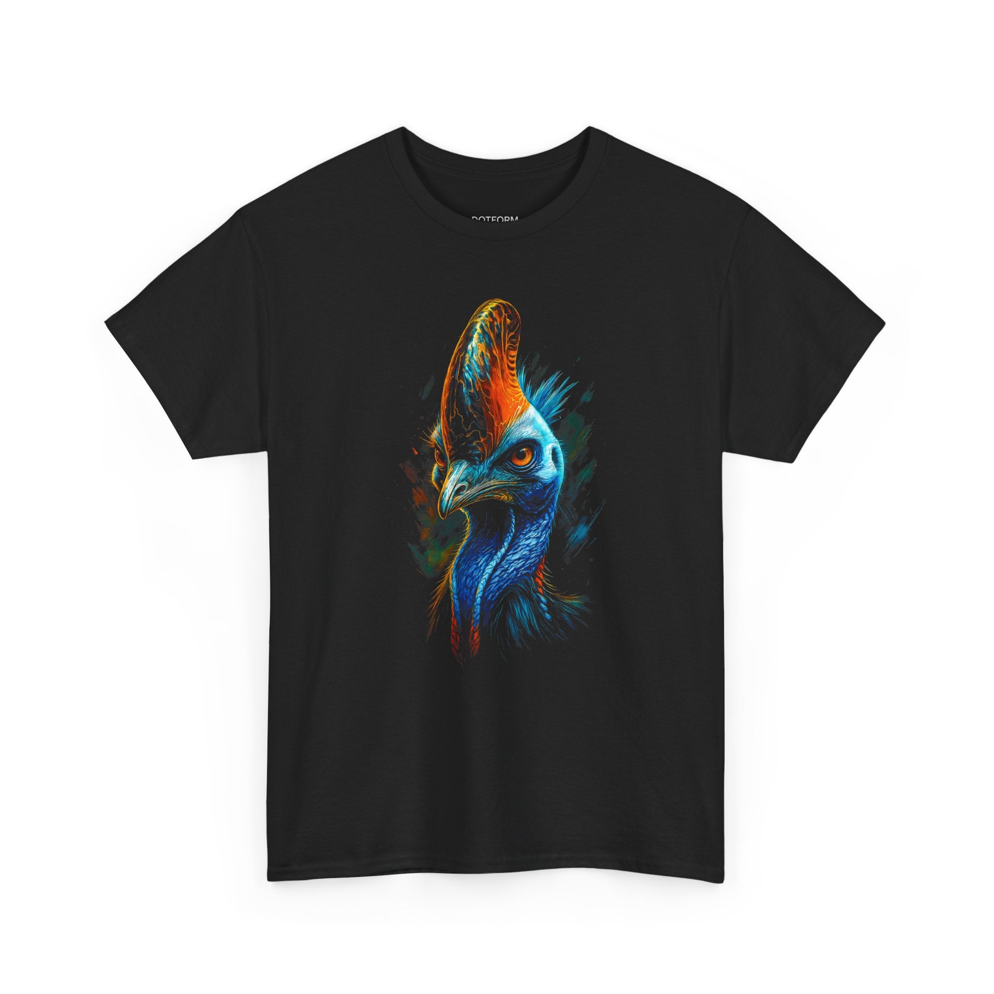 Black t-shirt with a colorful rooster design on a white background