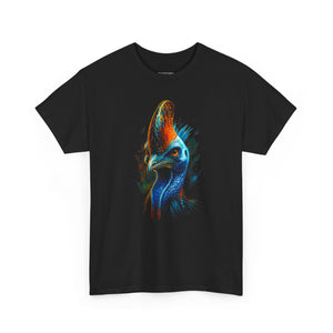 Black t-shirt with a colorful rooster design on a white background