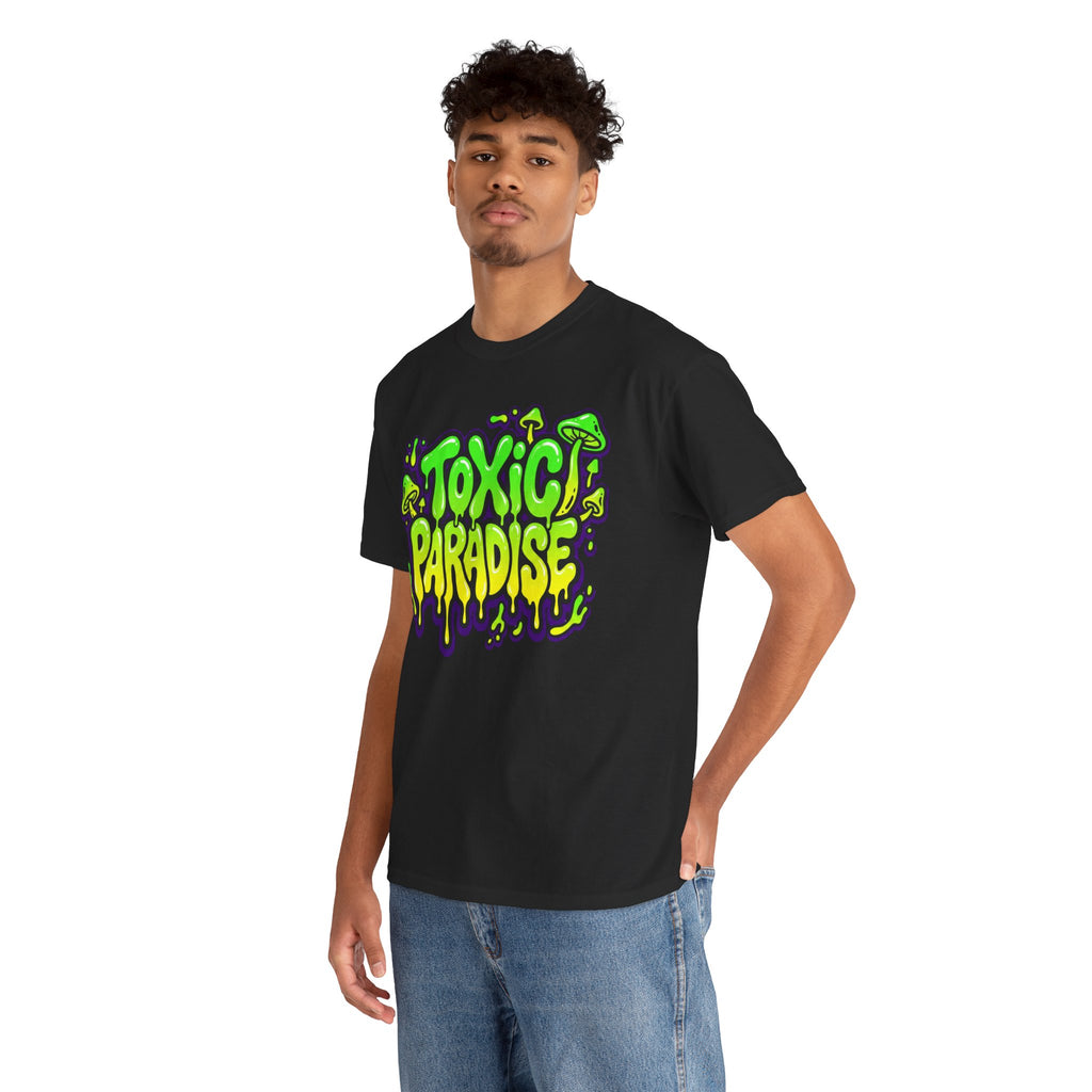 Person wearing a black t-shirt with 'Toxic Paradise' text design on a white background