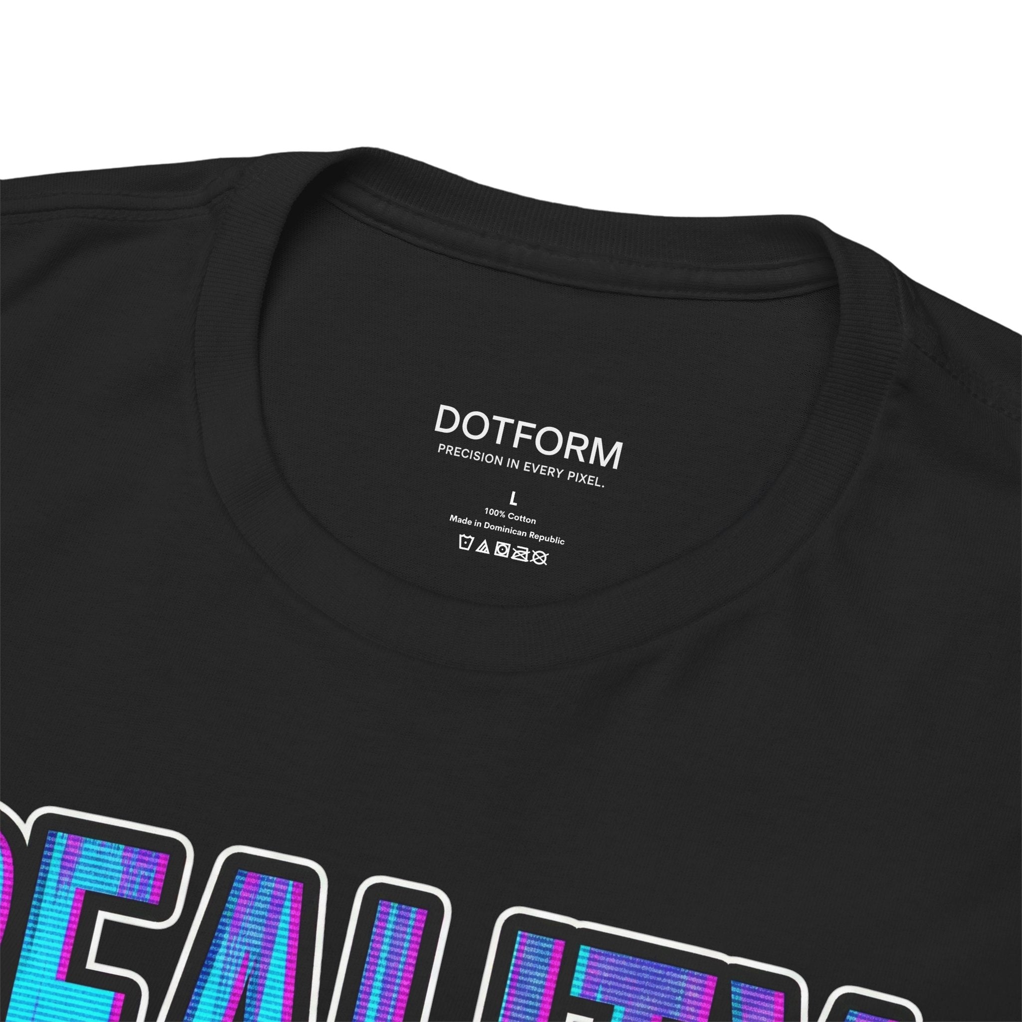 Black t-shirt with 'DEALZ' design and Dotform branding on a white background