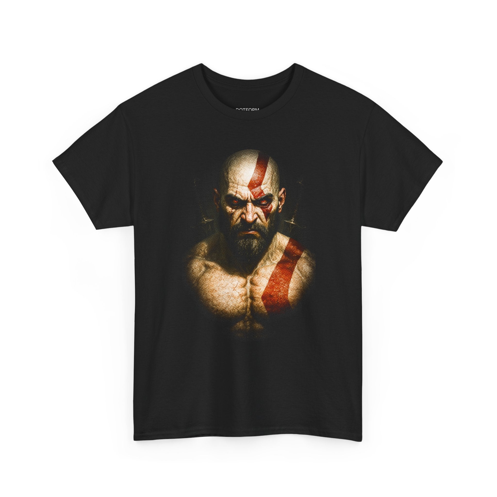 Black t-shirt with a graphic of a bearded man with a red stripe on his head on a white background