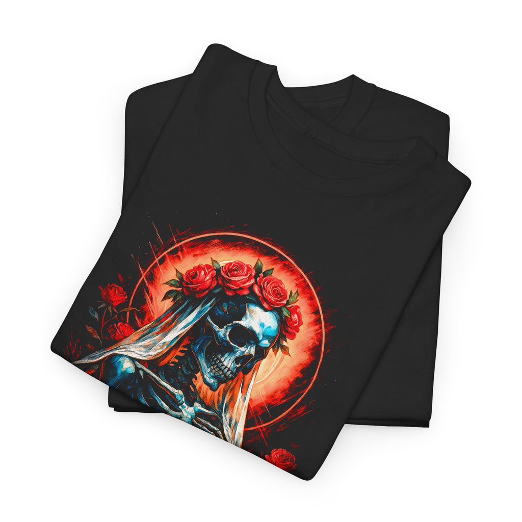 Black t-shirt with a graphic design of a skeleton holding roses on a white background