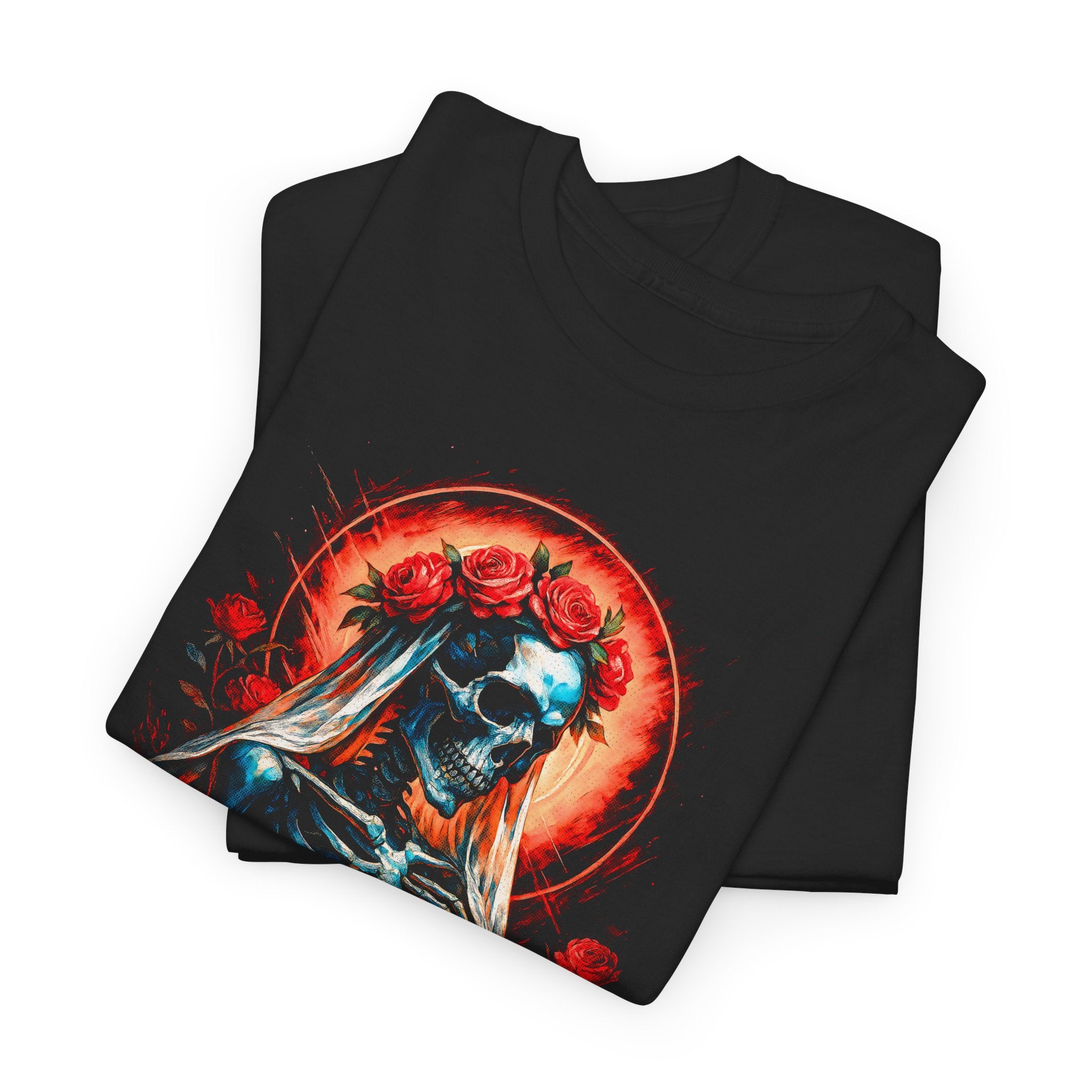 Black t-shirt with a graphic design of a skeleton holding roses on a white background
