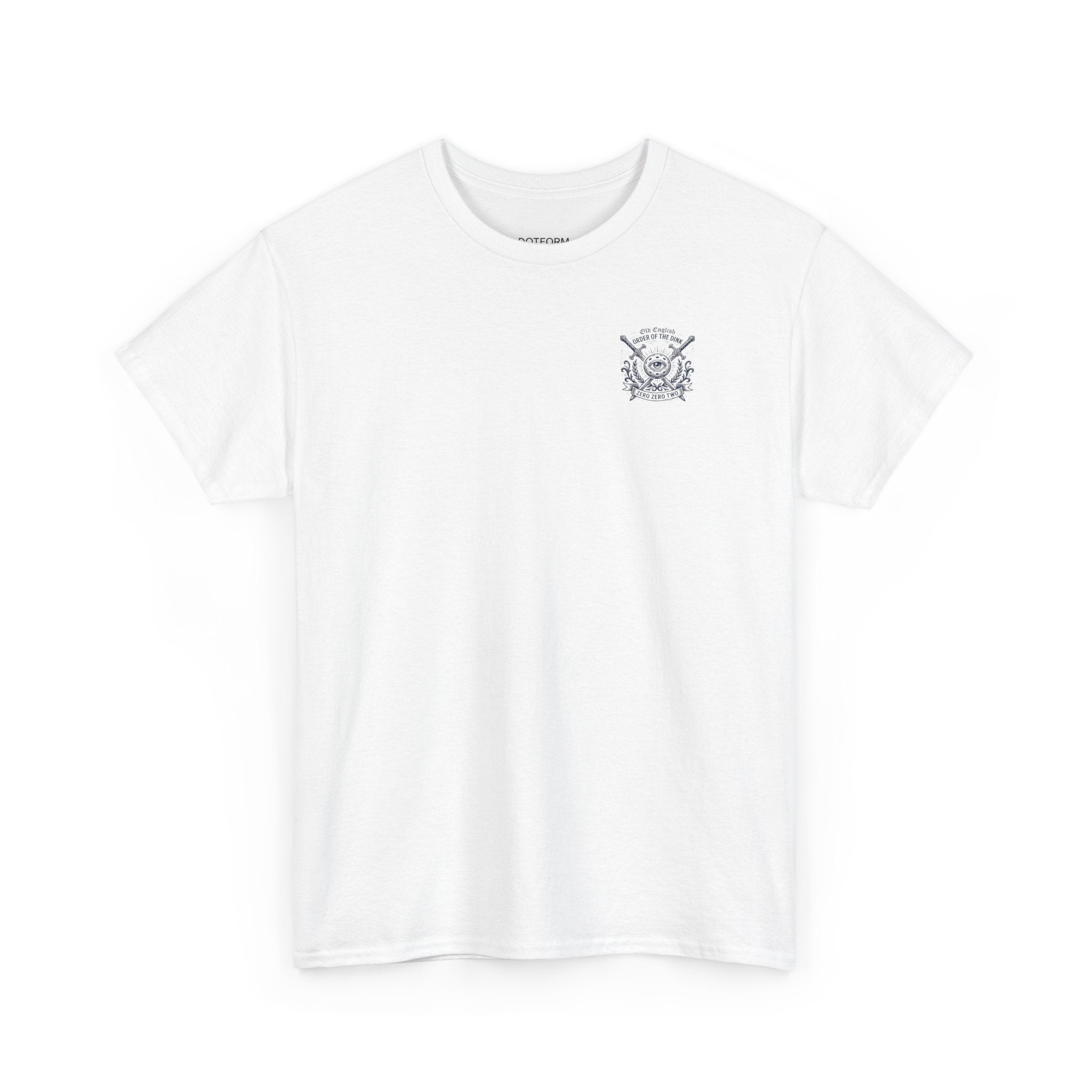 White t-shirt with a small logo on a white background