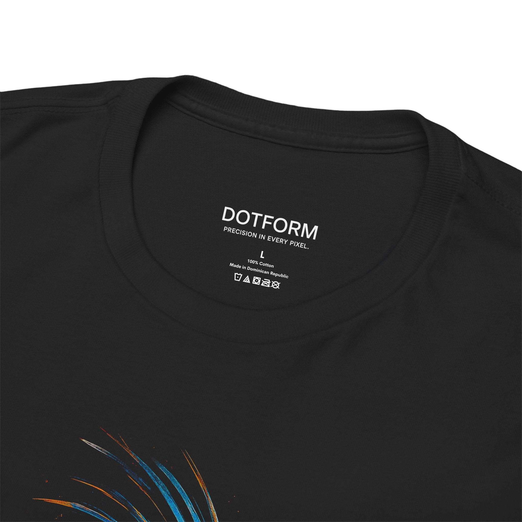 Black t-shirt with 'DOTFORM' branding on the collar area