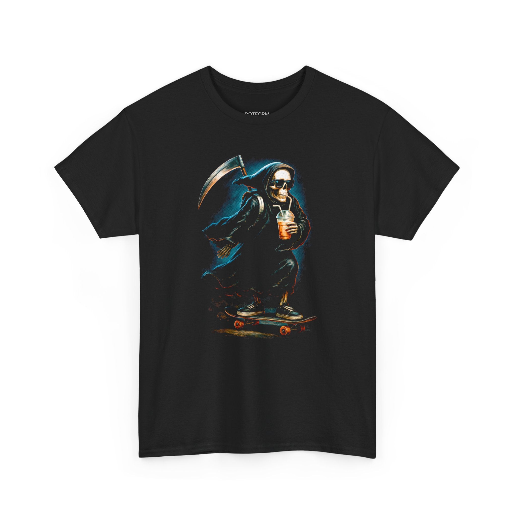 Black t-shirt with a graphic of a Grim Reaper skateboarding on a white background