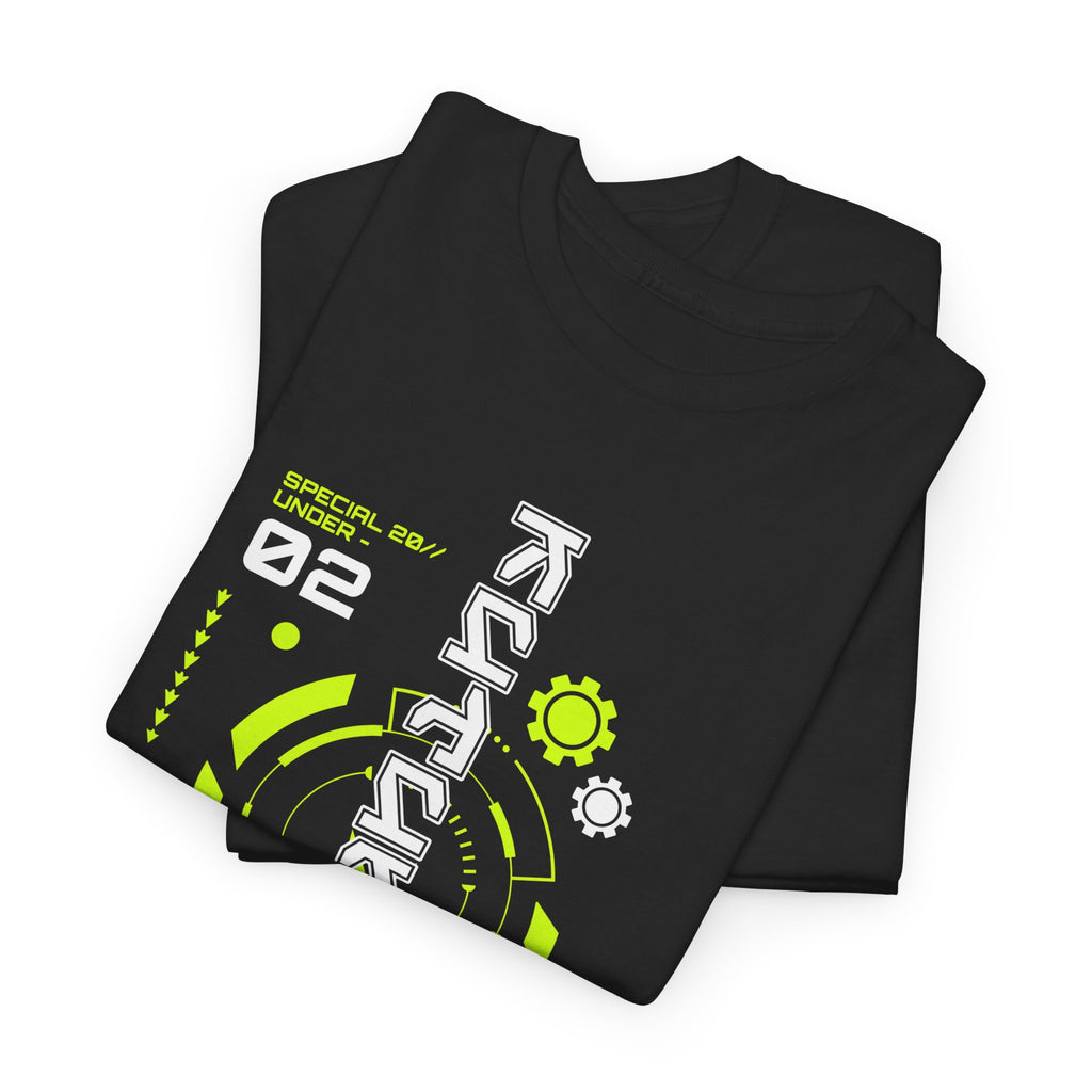 Black t-shirt with green and white graphics on a white background