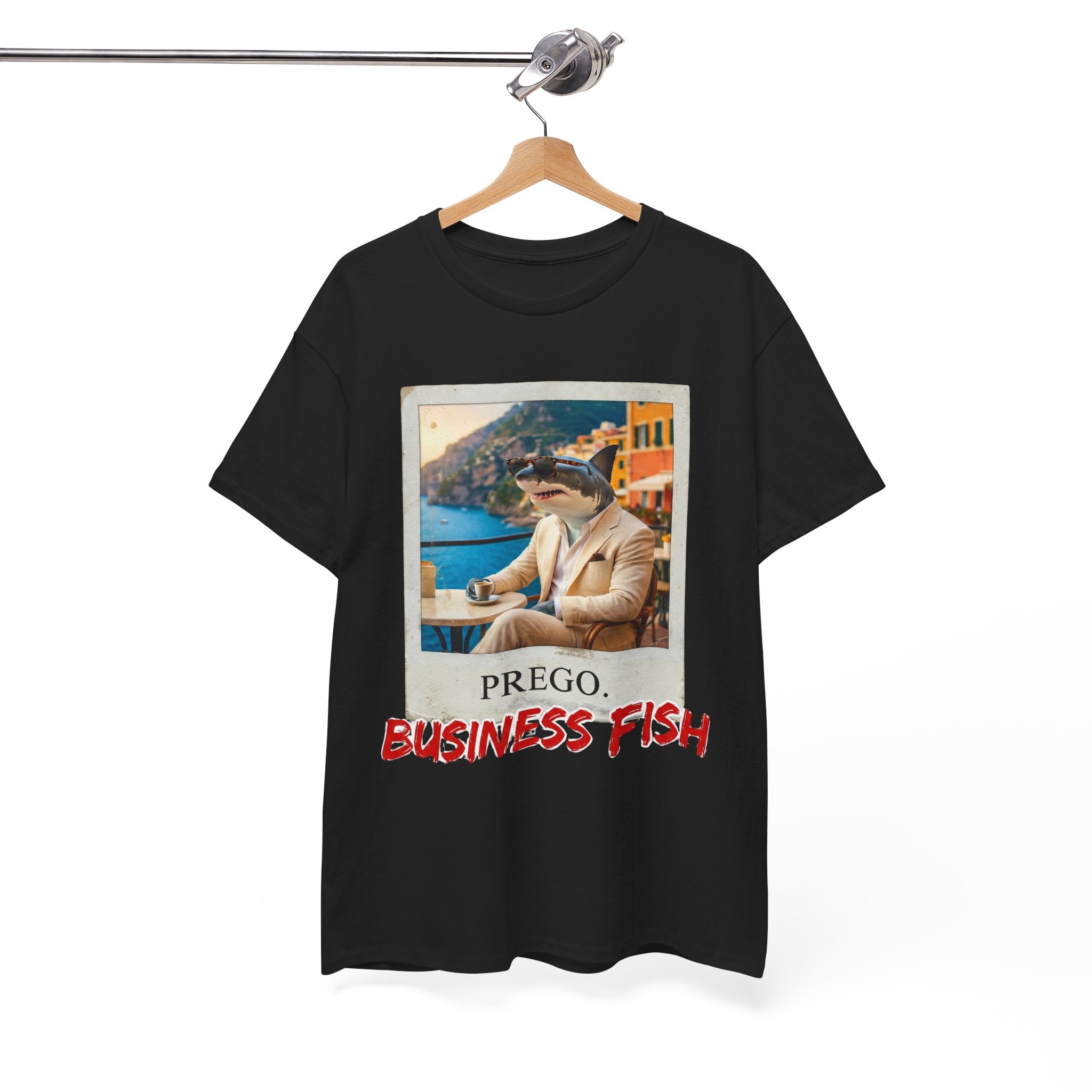 Black t-shirt with a graphic design and text on a hanger against a white background