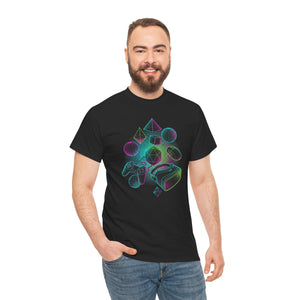 Man wearing a black t-shirt with a colorful geometric design on a white background