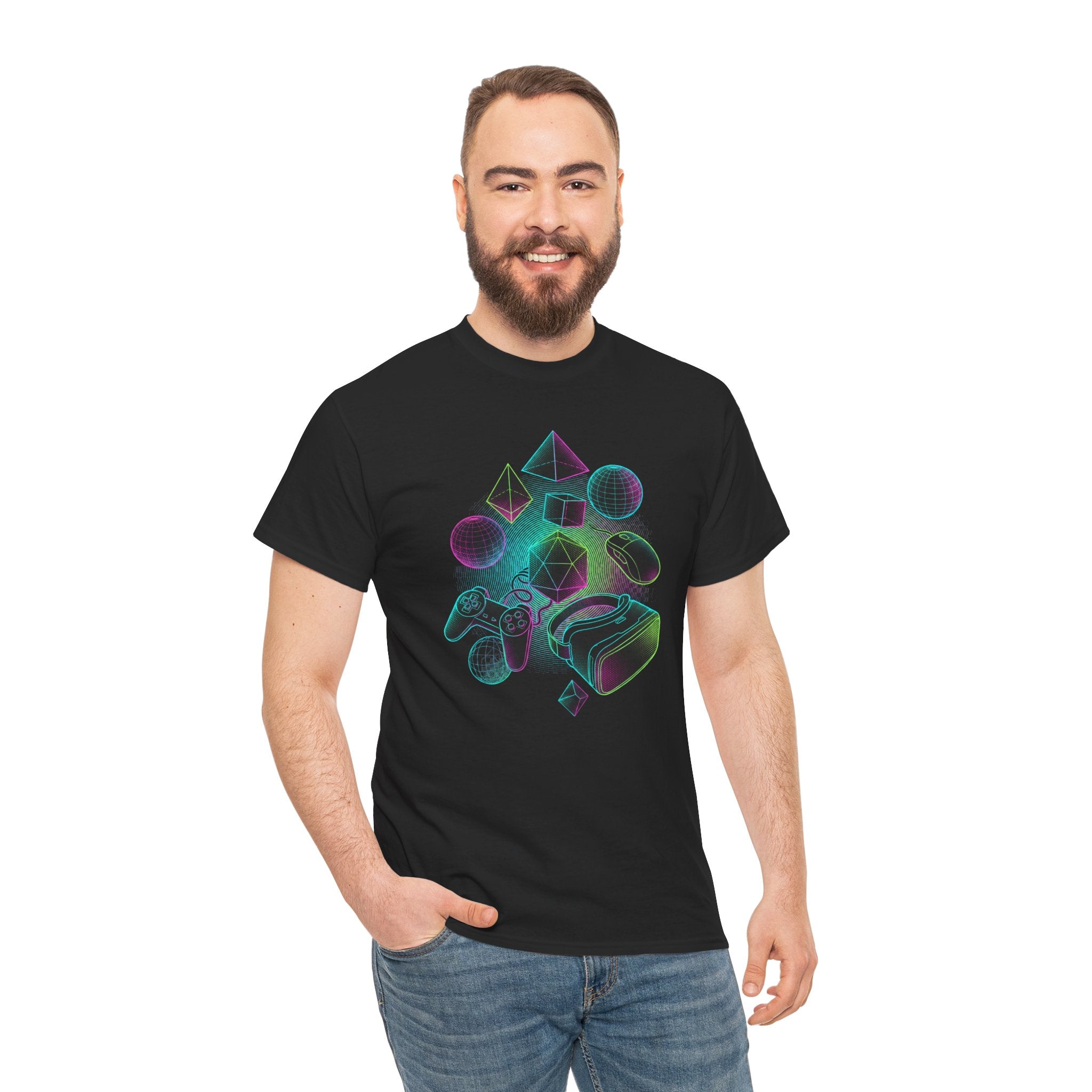 Man wearing a black t-shirt with a colorful geometric design on a white background