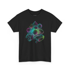 Black t-shirt with colorful geometric design on a white background