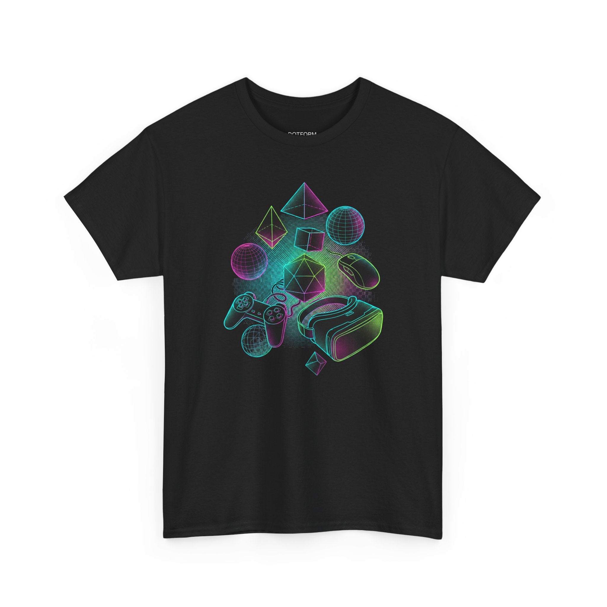 Black t-shirt with colorful geometric design on a white background