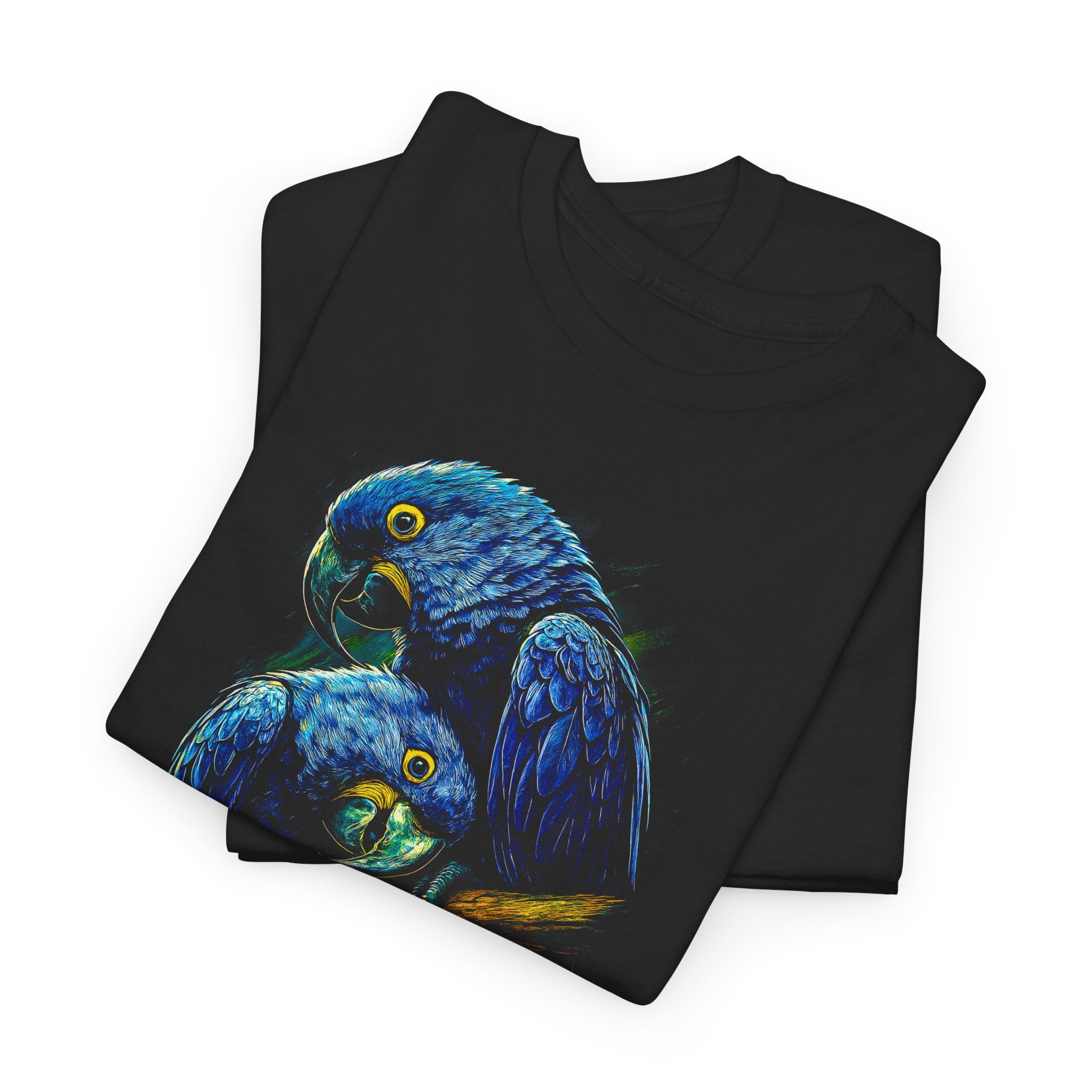 Black t-shirt with a blue parrot design on a white background