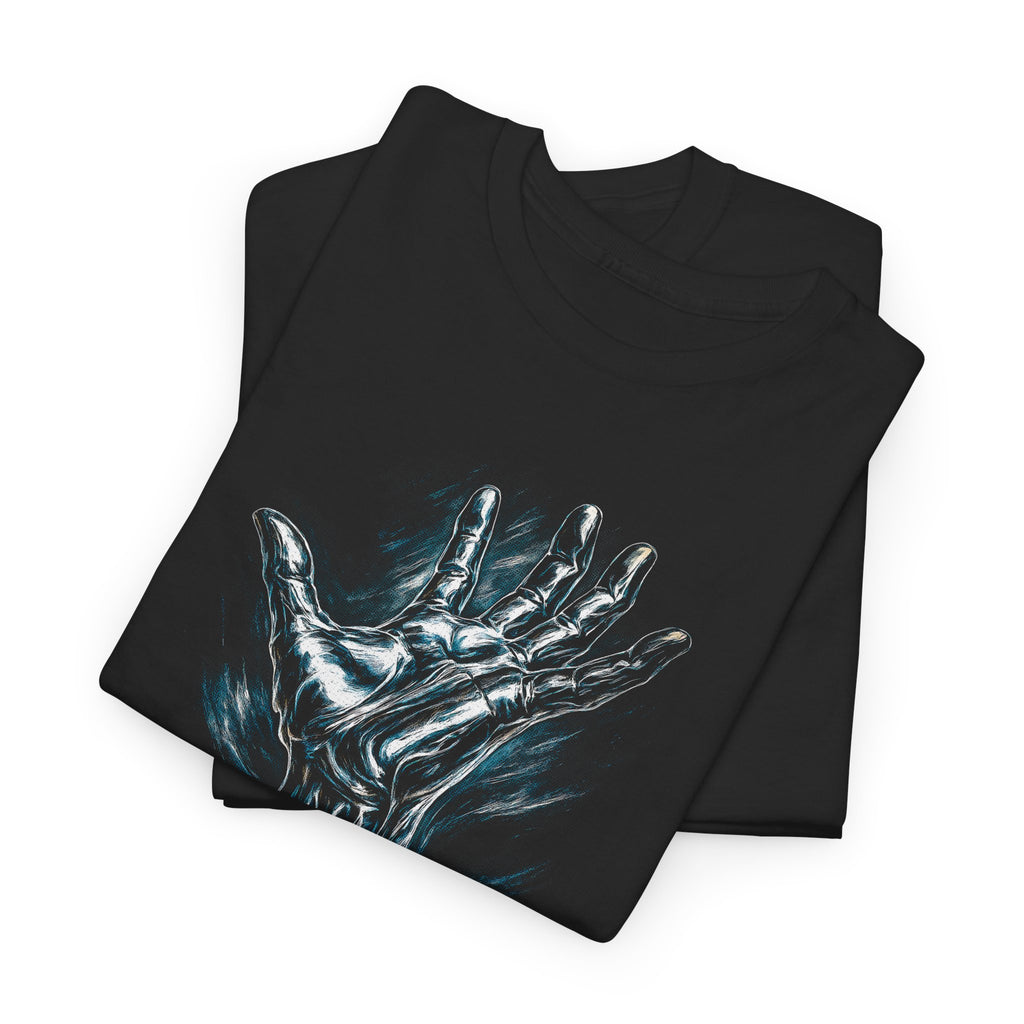 Black t-shirt with a metallic hand design on a white background