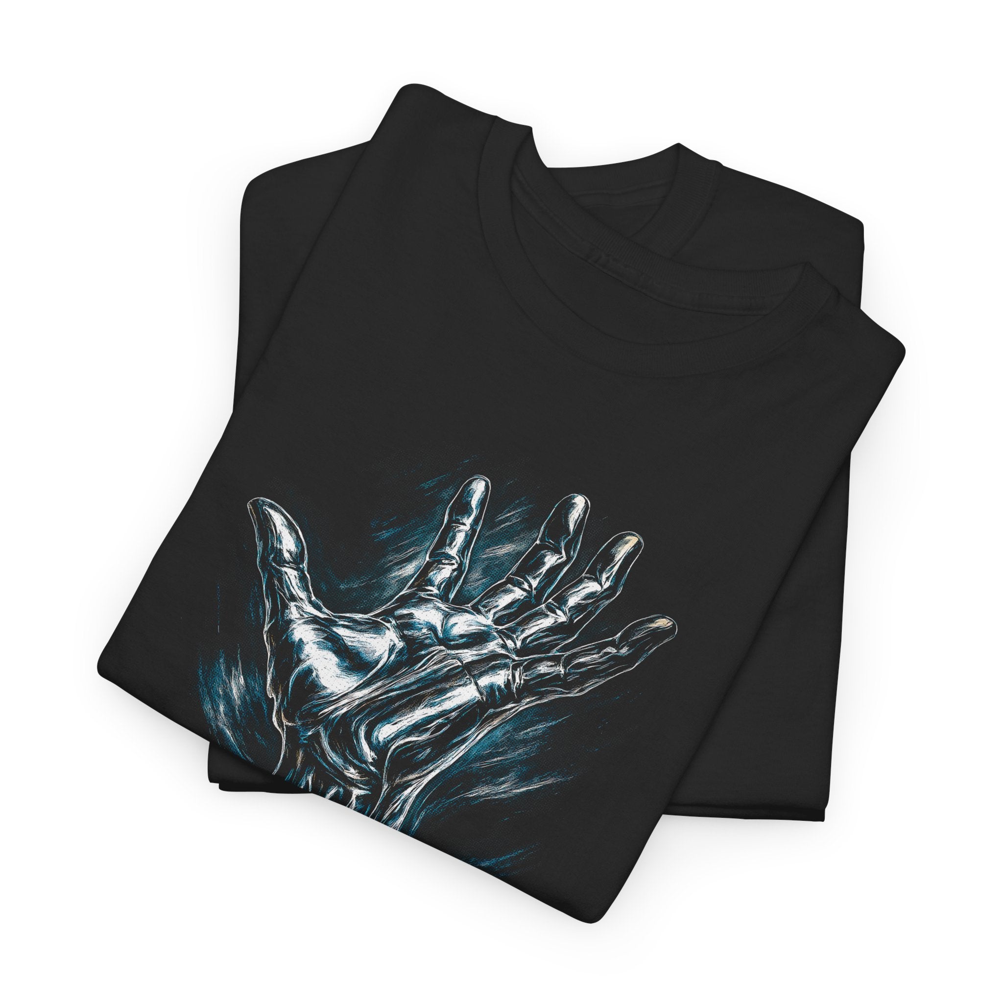 Black t-shirt with a metallic hand design on a white background