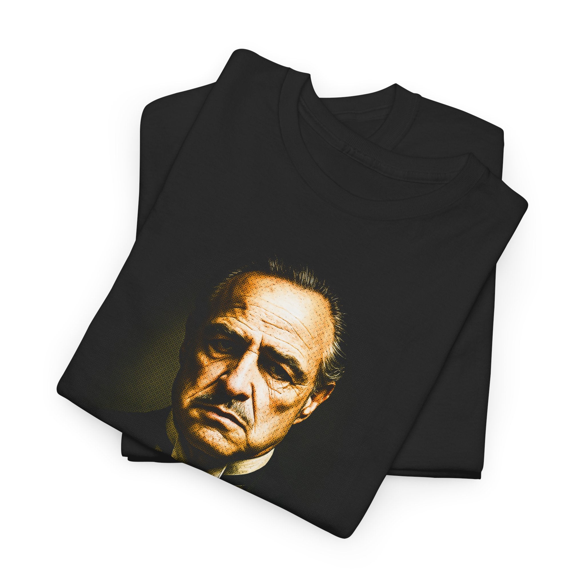 Black t-shirt with a graphic of a famous actor's face on a white background