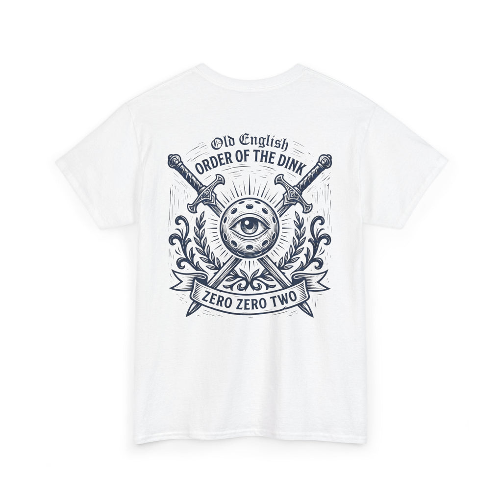 White t-shirt with black graphic design on a white background