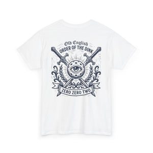 White t-shirt with black graphic design on a white background