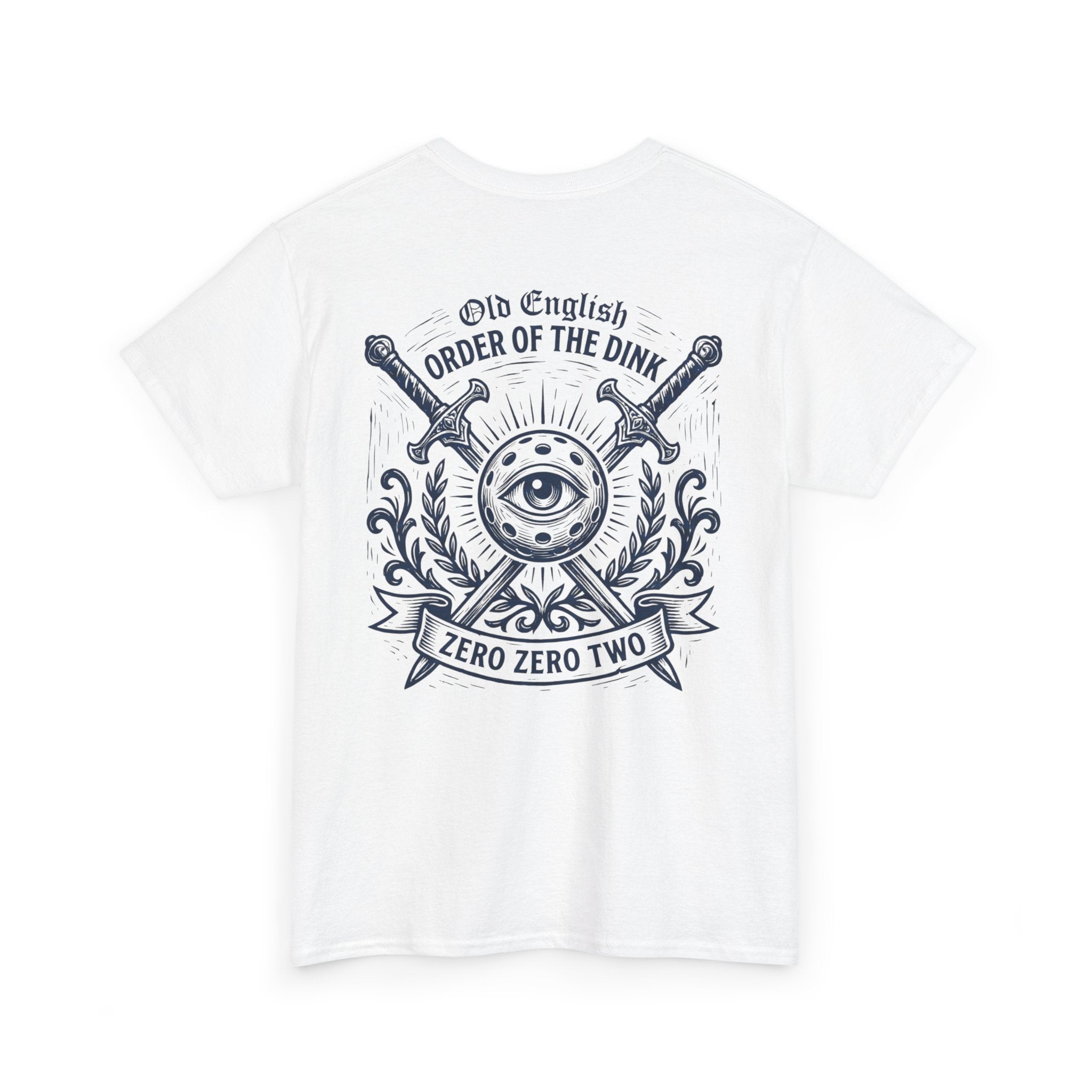 White t-shirt with black graphic design on a white background