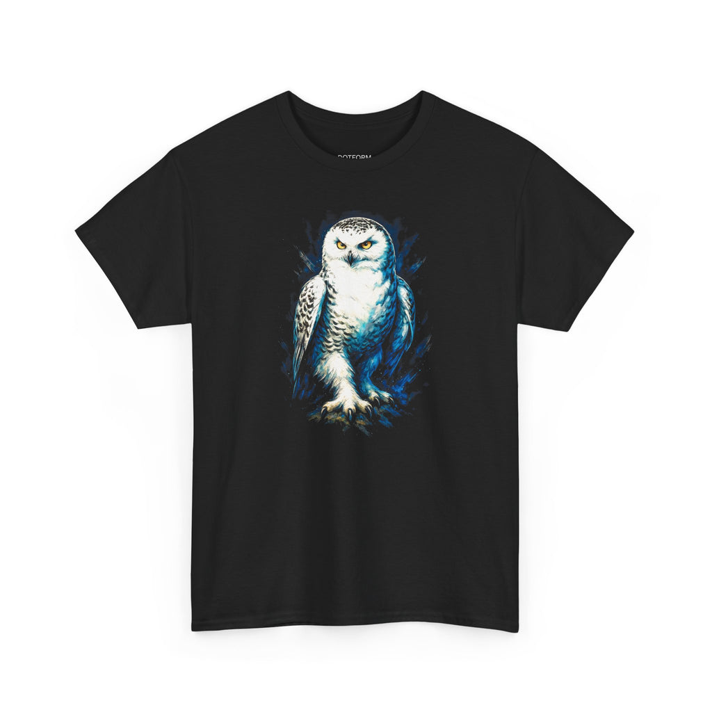 Black t-shirt with a snowy owl design on a white background