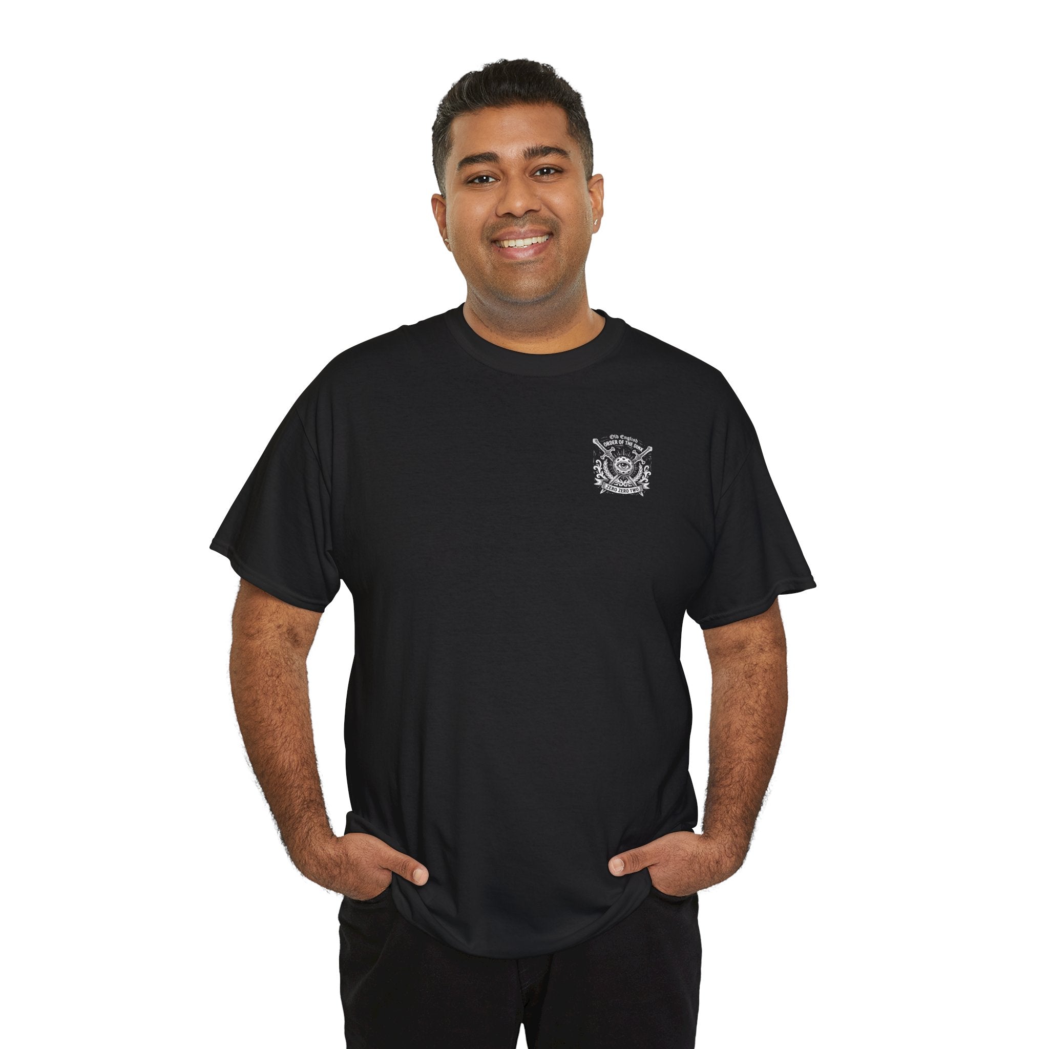 Man wearing a black t-shirt with a logo on a white background