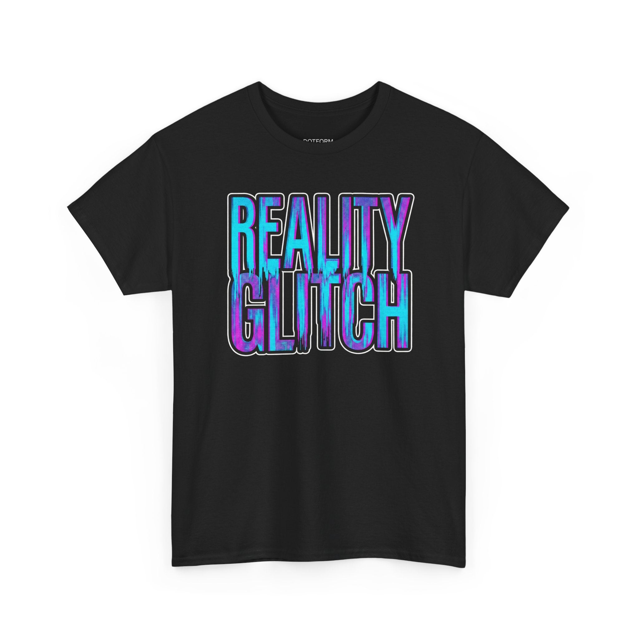 Black t-shirt with 'Reality Glitch' text in colorful design on a white background