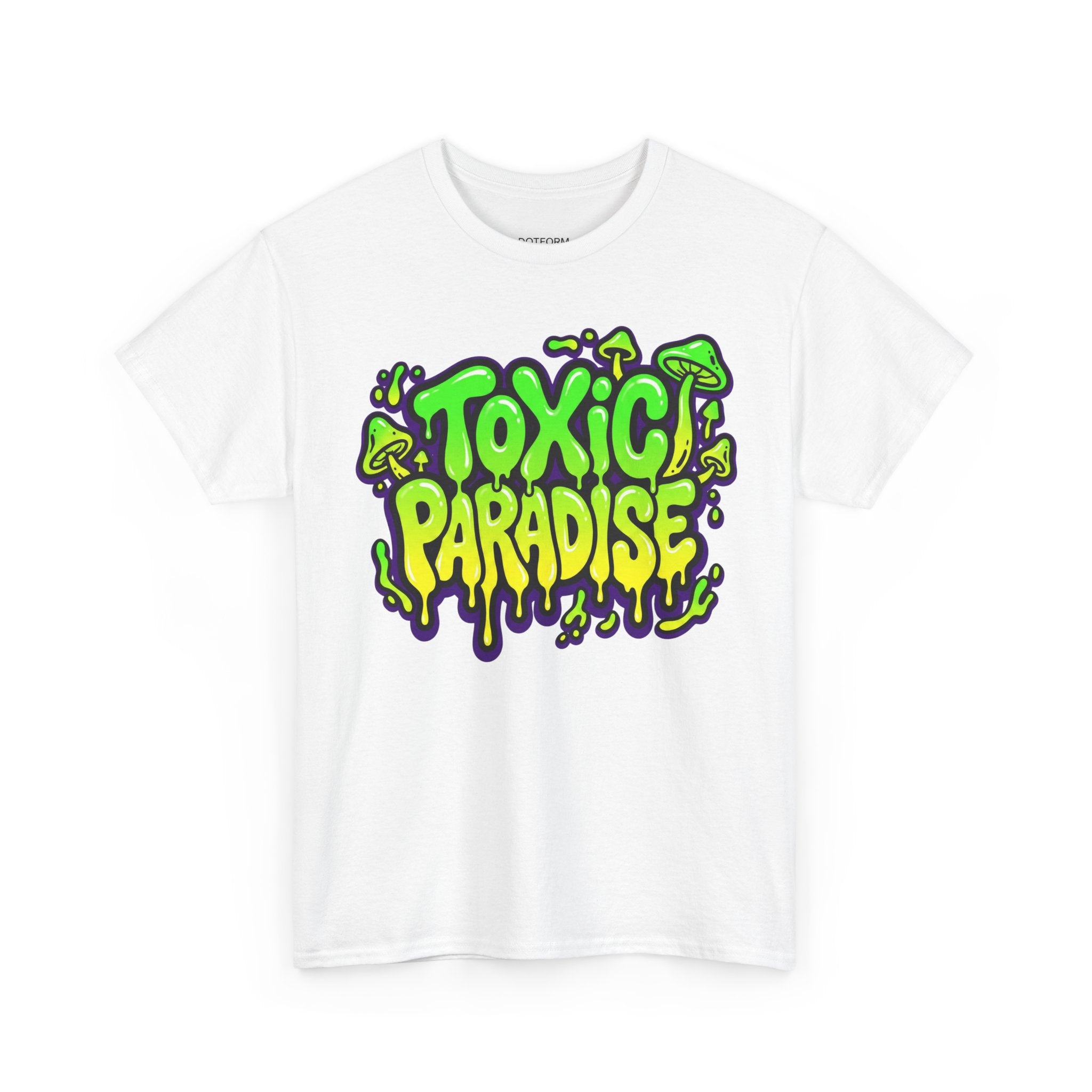 White t-shirt with 'Toxic Paradise' graphic design on a white background