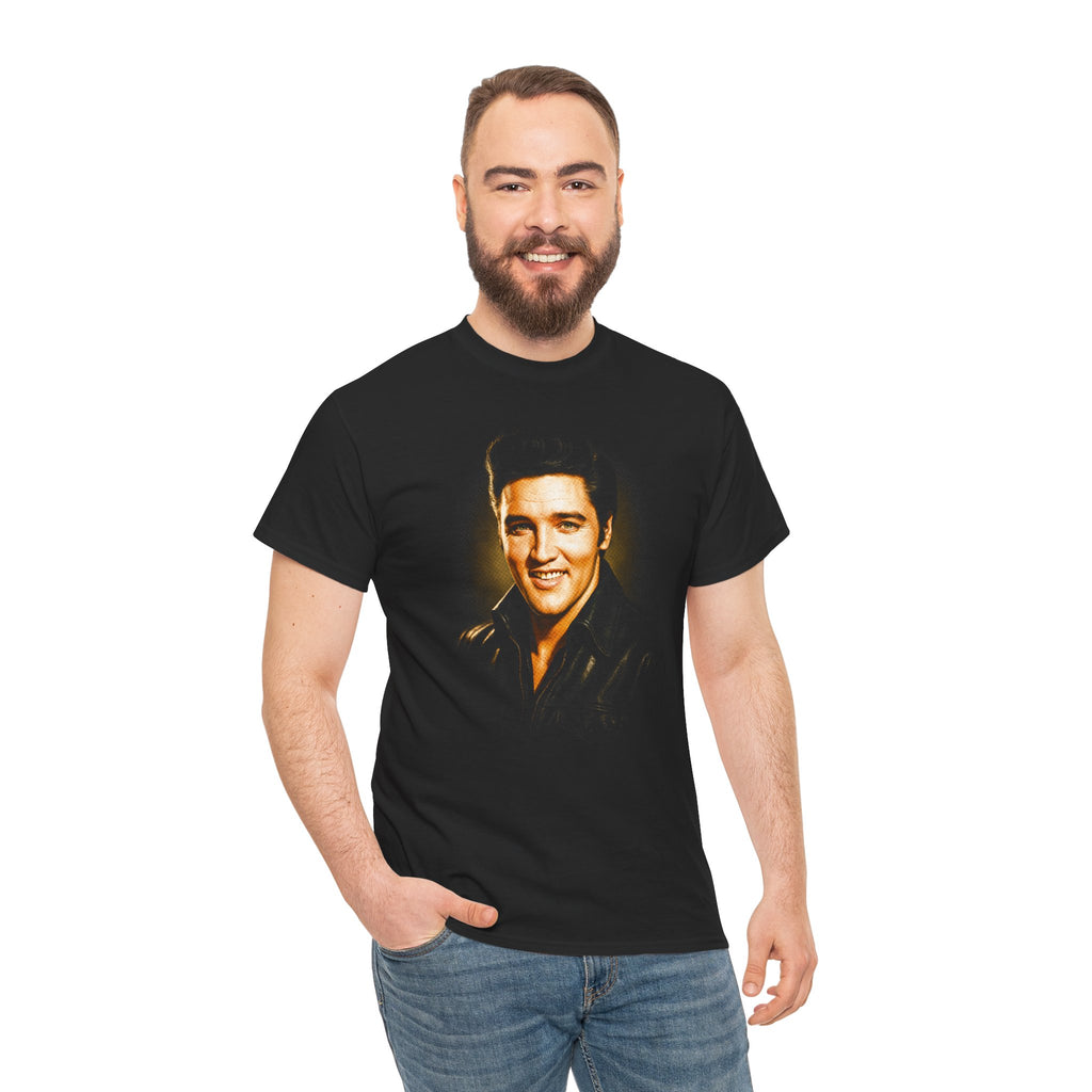 Man wearing a black t-shirt with a graphic of a famous person on a white background
