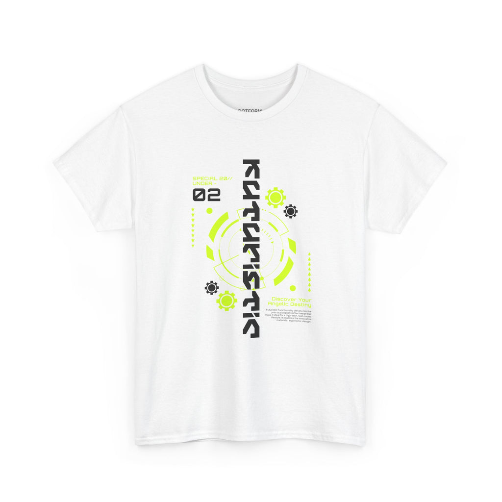 White t-shirt with black and green graphic design on a white background