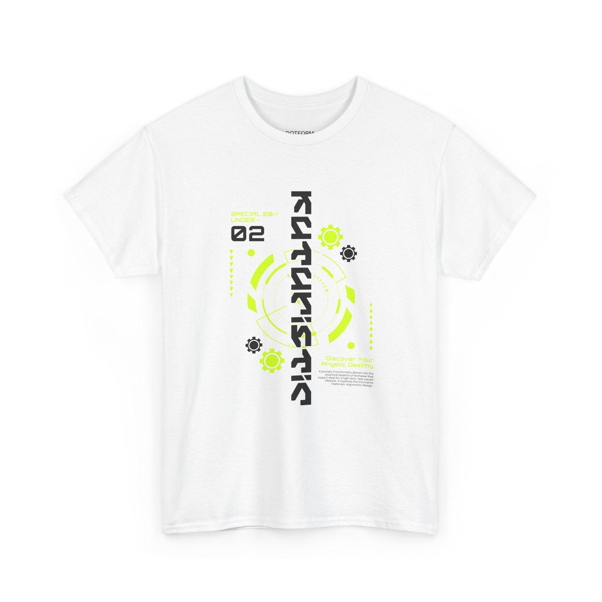 White t-shirt with black and green graphic design on a white background