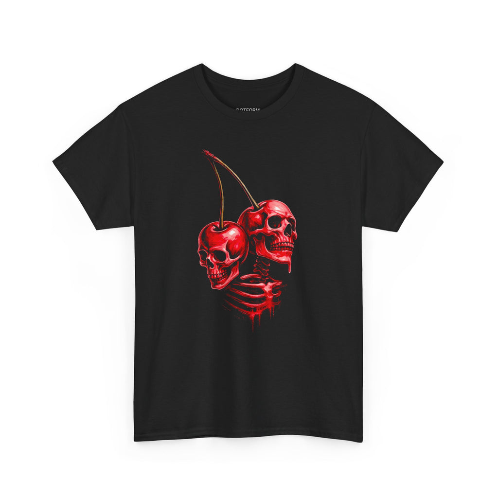 Black t-shirt with red skeleton cherries design on a white background