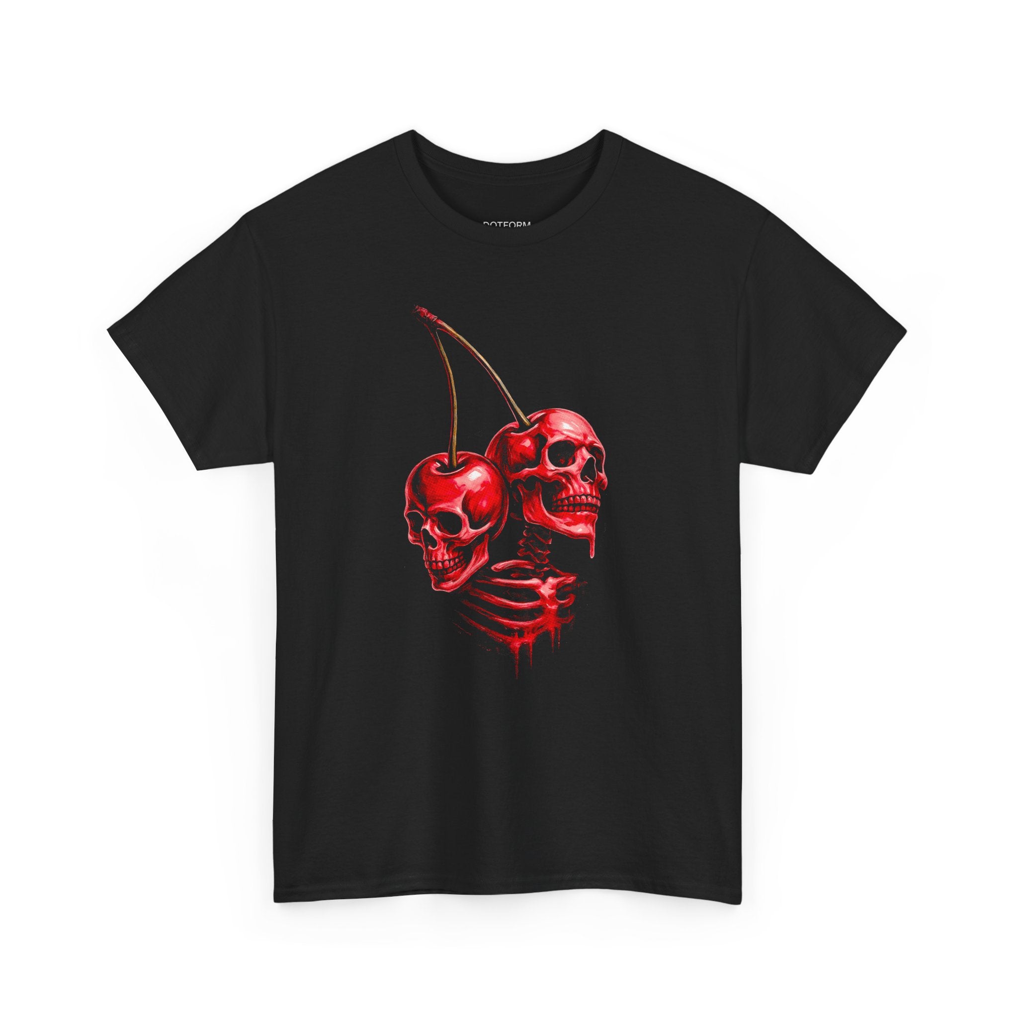 Black t-shirt with red skeleton cherries design on a white background