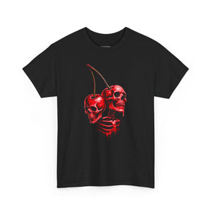 Black t-shirt with red skeleton cherries design on a white background