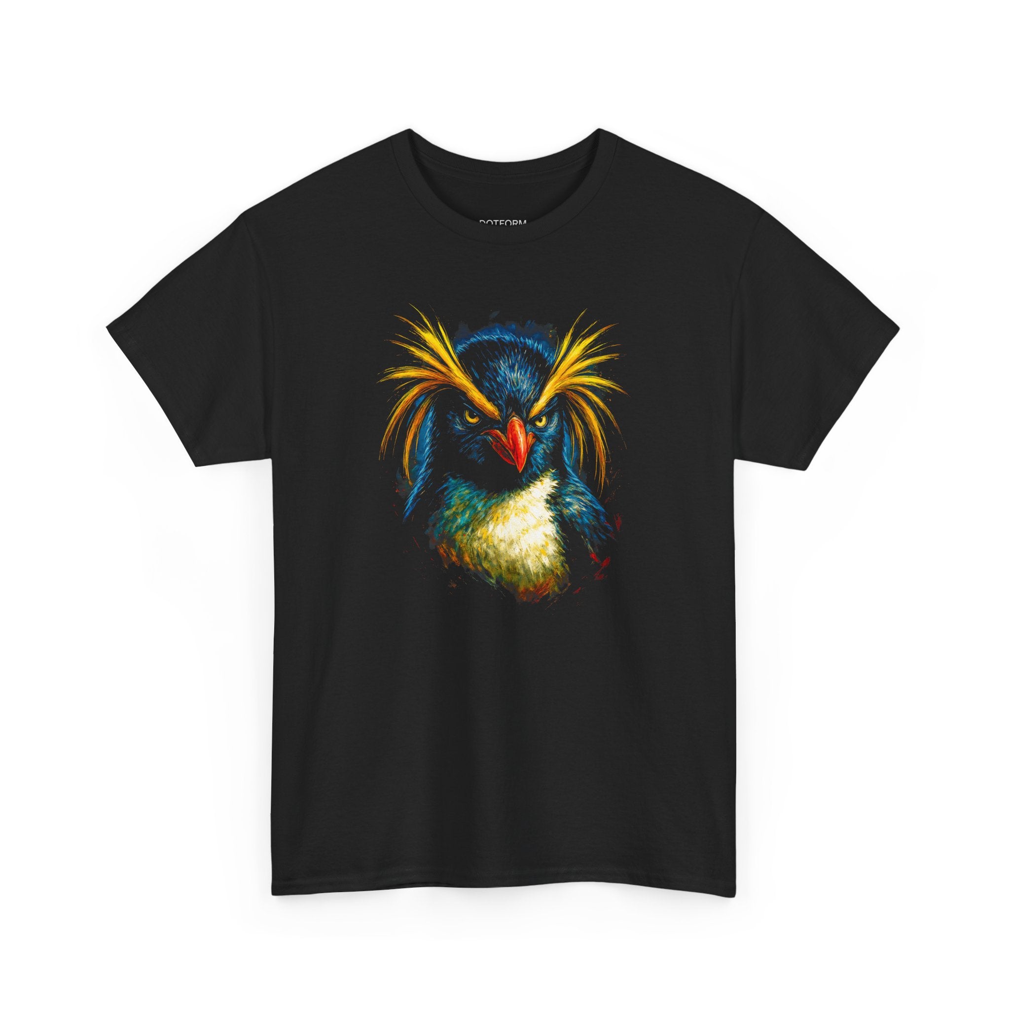 Black t-shirt with a colorful bird design on a white background