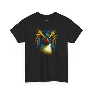 Black t-shirt with a colorful bird design on a white background