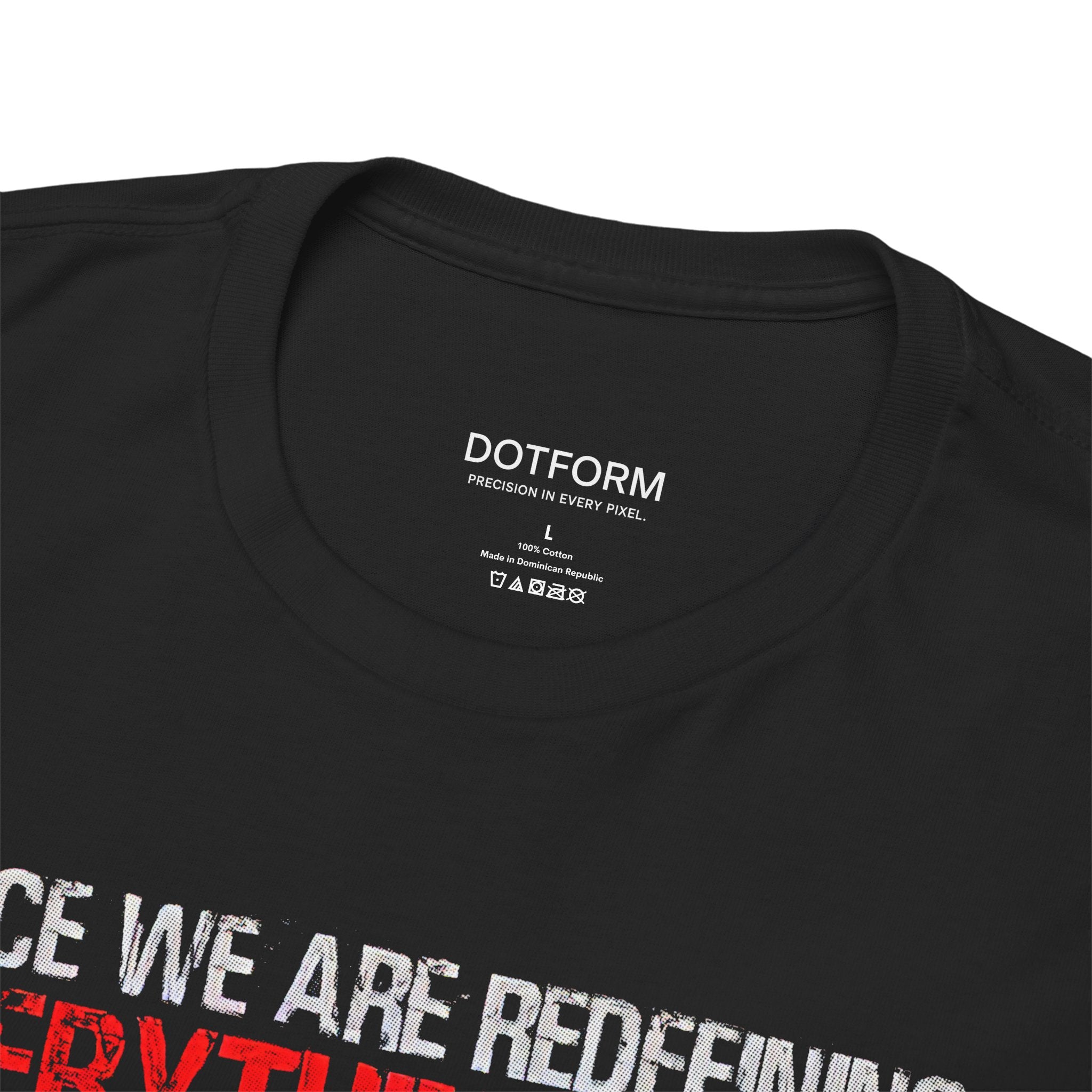 Black t-shirt with visible branding and text on a white background