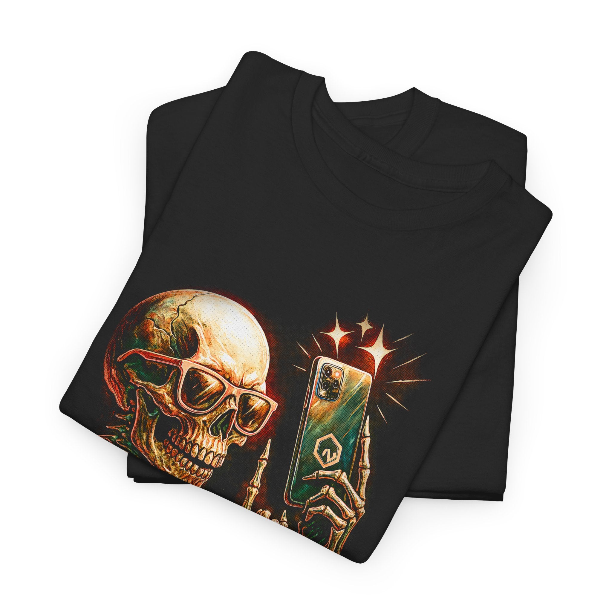 Black t-shirt with a graphic of a skull taking a selfie on a white background