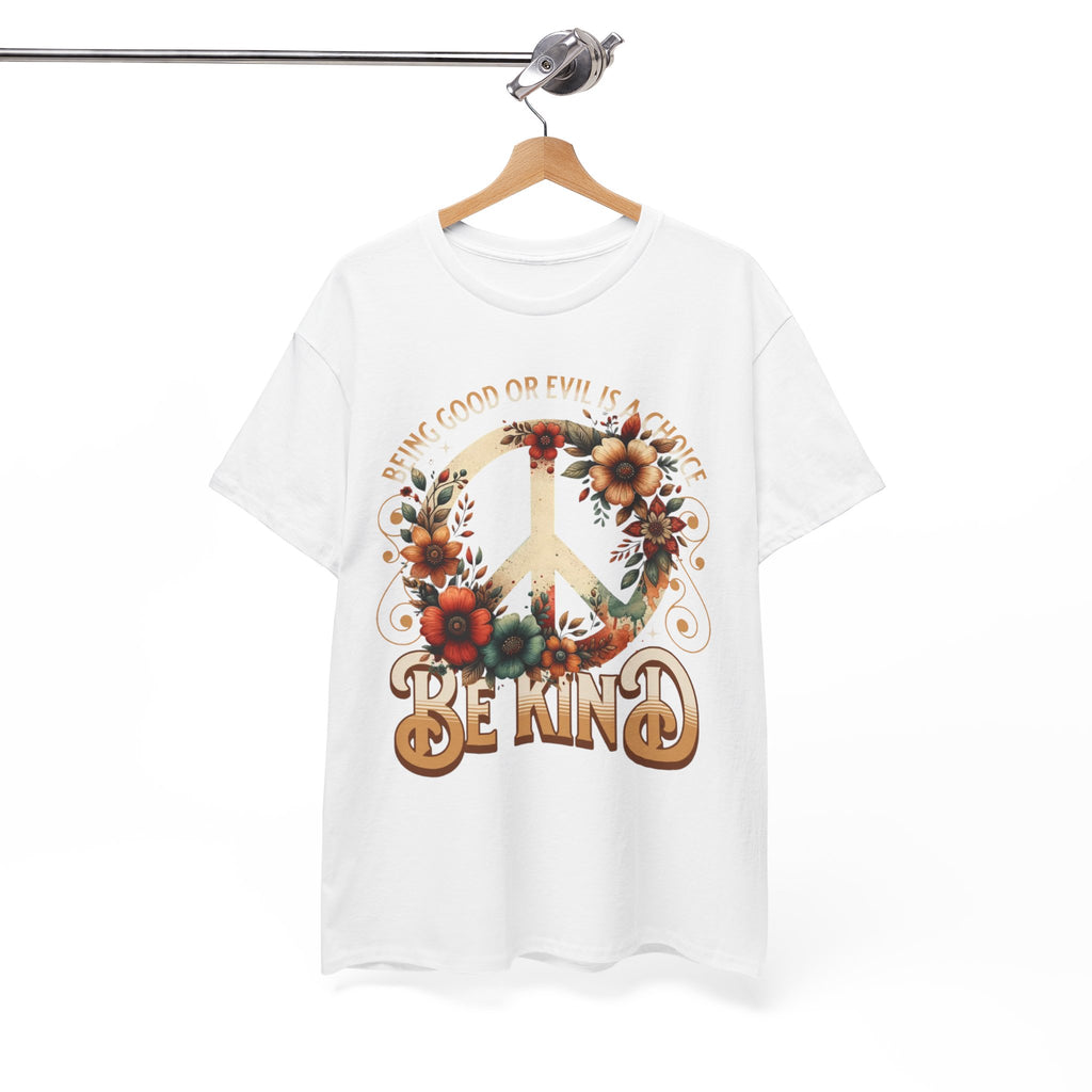 White t-shirt with a peace symbol and floral design on a hanger against a white background