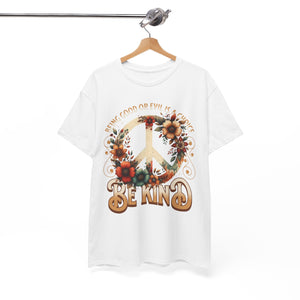 White t-shirt with a peace symbol and floral design on a hanger against a white background