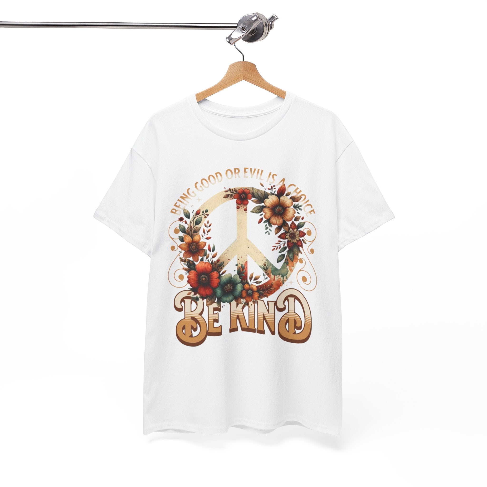 White t-shirt with a peace symbol and floral design on a hanger against a white background