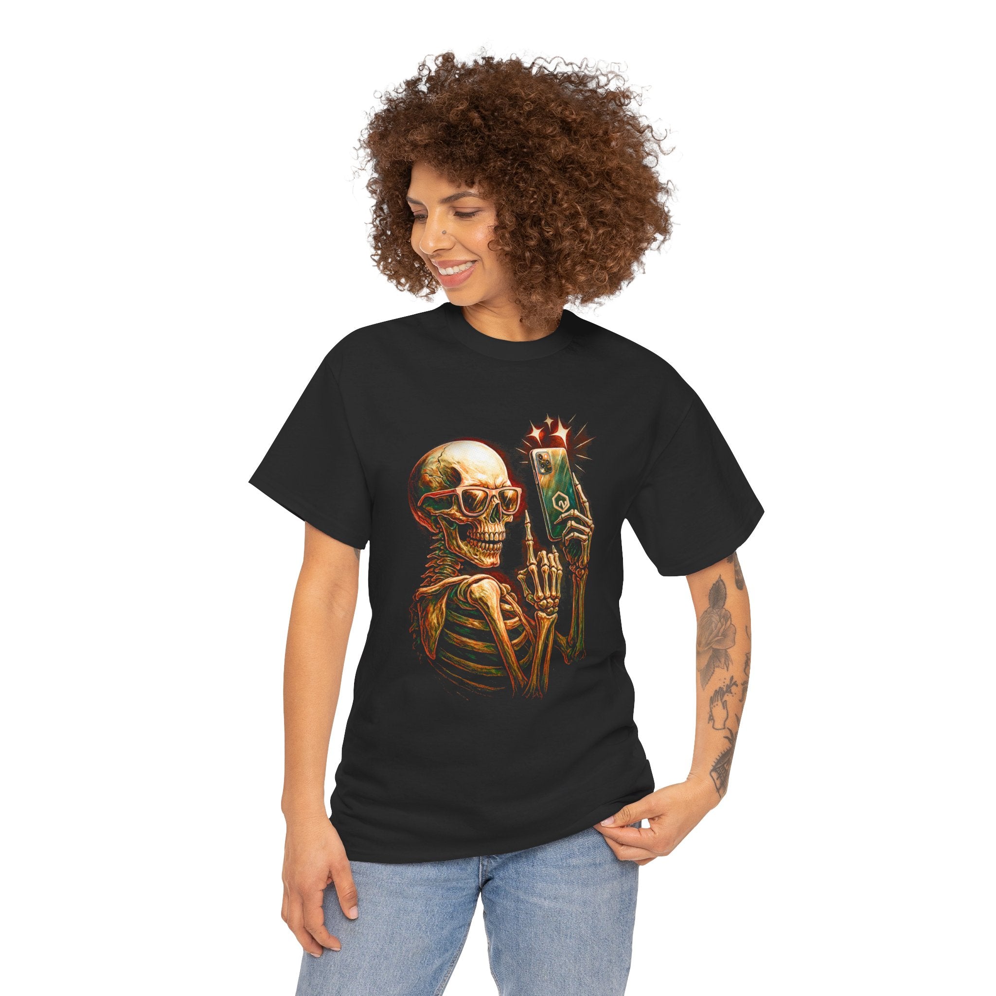 Person wearing a black t-shirt with a skeleton design on a white background